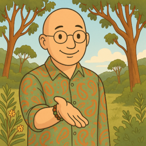 Illustration of David Hennessy, clinical psychologist, wearing a colourful paisley shirt, gently offering his hand in a natural setting, symbolising values, attention, and psychological flexibility