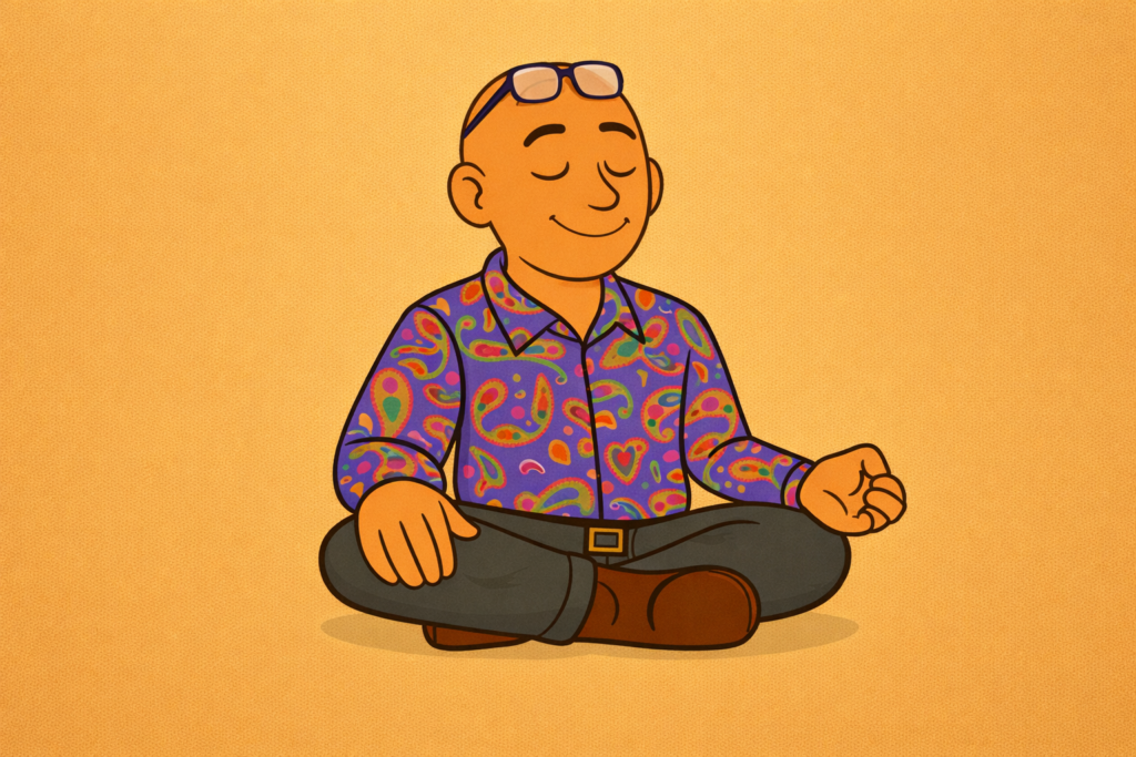 Cartoon illustration of David the psychologist, bald and wearing a colourful paisley shirt, seated cross-legged in a calm mindfulness posture, representing mindfulness and self-compassion practices for wellbeing.