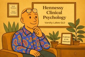 Illustration of David Hennessy, a clinical psychologist, seated thoughtfully in a therapy room at Hennessy Clinical Psychology in Varsity Lakes, reflecting on long-term values and moment-to-moment desire.