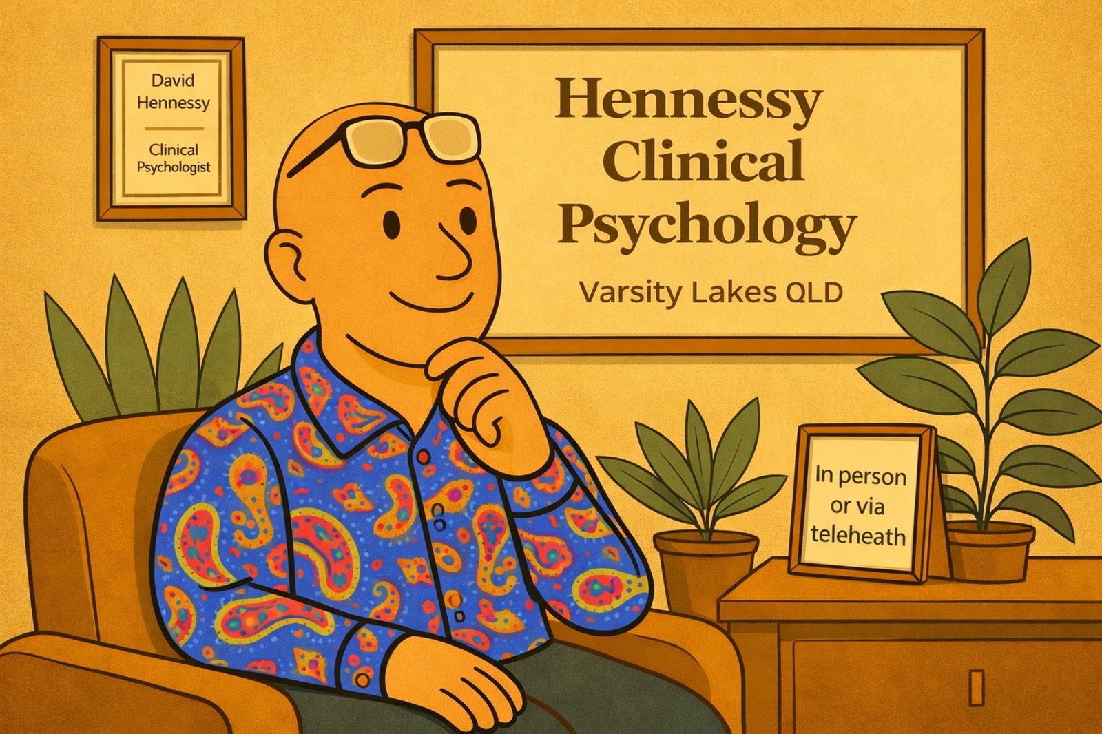 Illustration of David Hennessy, a clinical psychologist, seated thoughtfully in a therapy room at Hennessy Clinical Psychology in Varsity Lakes, reflecting on long-term values and moment-to-moment desire.