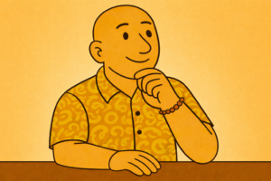 Cartoon illustration of David the Psychologist, a bald male clinical psychologist wearing a colourful paisley shirt and a thin bead bracelet, thoughtfully reflecting on social anxiety in Varsity Lakes on the Gold Coast.