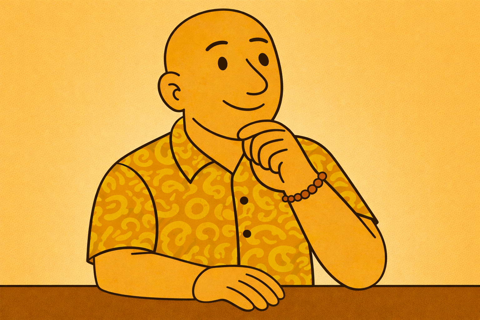 Cartoon illustration of David the Psychologist, a bald male clinical psychologist wearing a colourful paisley shirt and a thin bead bracelet, thoughtfully reflecting on social anxiety in Varsity Lakes on the Gold Coast.