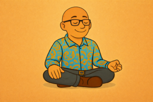 David Hennessy, bald clinical psychologist in a colourful paisley shirt, sitting cross-legged with eyes closed practising mindful breathing to calm the nervous system.