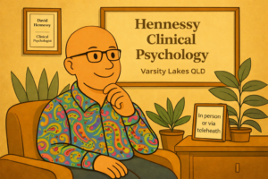 Cartoon illustration of David Hennessy, Clinical Psychologist in Varsity Lakes on the Gold Coast, seated in a therapy room wearing a colourful paisley shirt, with signage reading Hennessy Clinical Psychology and in person or via telehealth.