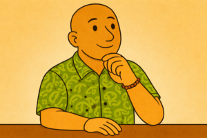 David the Psychologist sitting thoughtfully in a green paisley shirt demonstrating calm reflection during grounding exercises for anxiety
