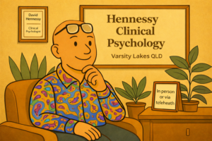 Cartoon image of David the Psychologist, bald and wearing a colourful paisley shirt, seated in a calm therapy room at Hennessy Clinical Psychology in Varsity Lakes QLD, with a sign reading ‘In person or via telehealth’.