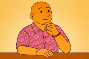 David the Psychologist, bald with no facial hair, wearing a colourful paisley shirt and bead bracelet, thoughtfully reflecting on Generalised Anxiety Disorder and chronic worry. Subtle text reads David the Psychologist @hennessyclinicalpsychology.