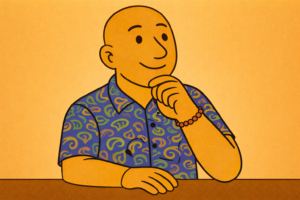Cartoon illustration of David Hennessy, Clinical Psychologist, bald and wearing a colourful paisley shirt and bead bracelet, sitting thoughtfully to represent reflection on what obsessive compulsive disorder feels like.