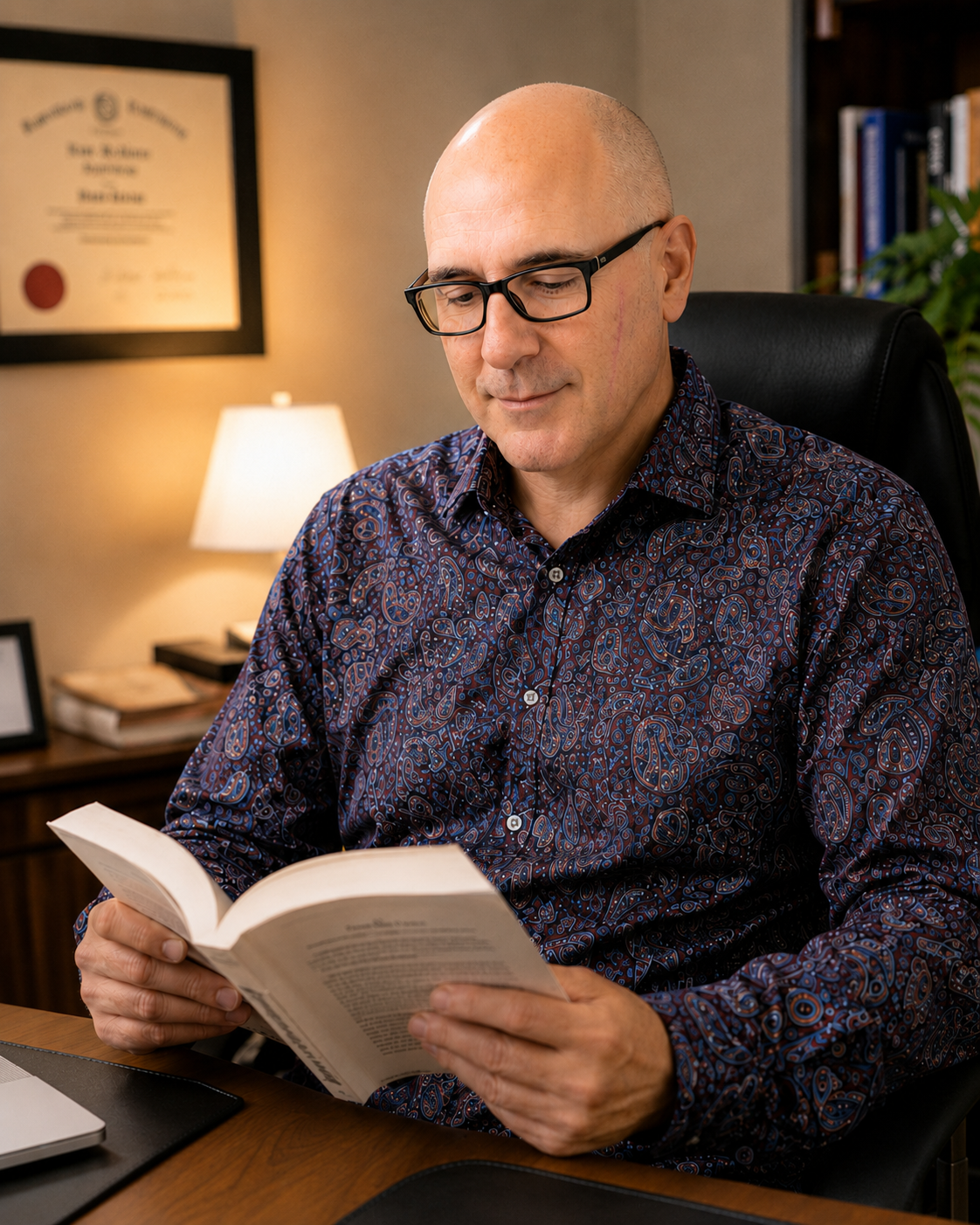 David Hennessy, Clinical Psychologist in Varsity Lakes, reading a psychology book in his office.