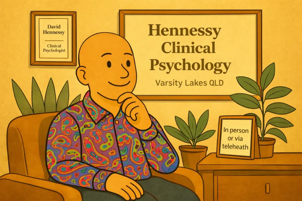Illustration of David Hennessy seated in a psychology consulting room
