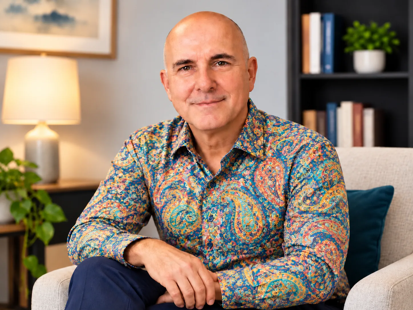 David Hennessy, Clinical Psychologist, seated in an armchair wearing a colourful paisley shirt.
